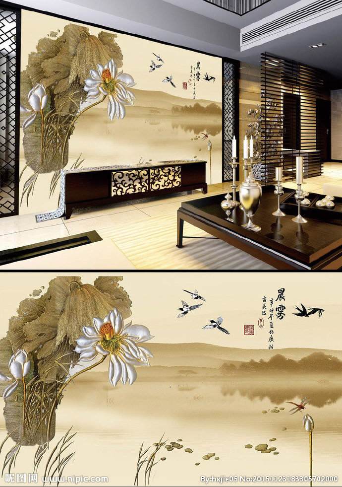 G荷花山水画彩雕