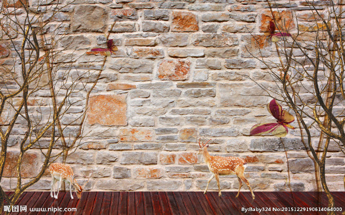 G砖墙树枝蝴蝶背