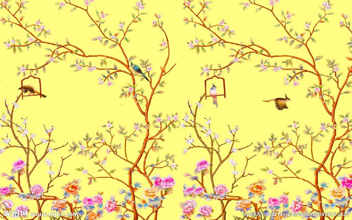G手绘花鸟壁画背
