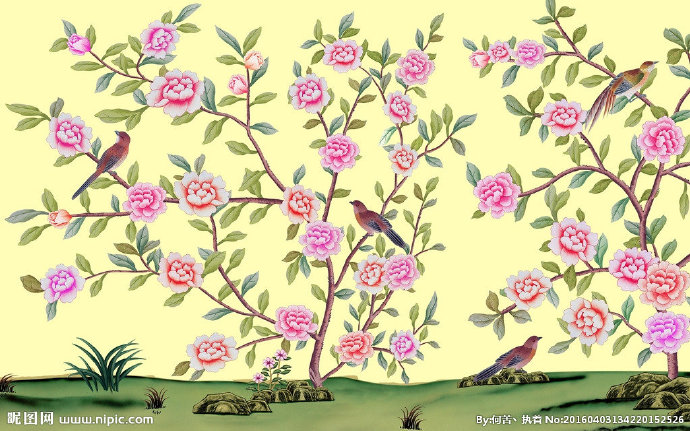G手绘花鸟壁画背