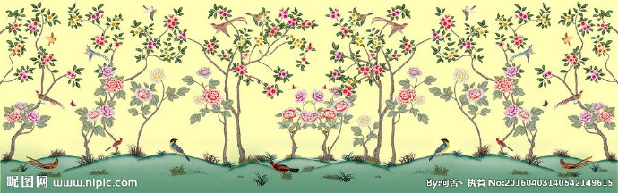 G手绘花鸟壁画背
