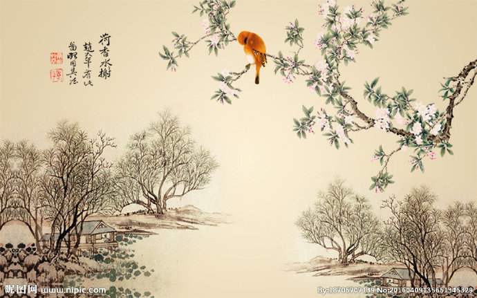 G中式山水花鸟背