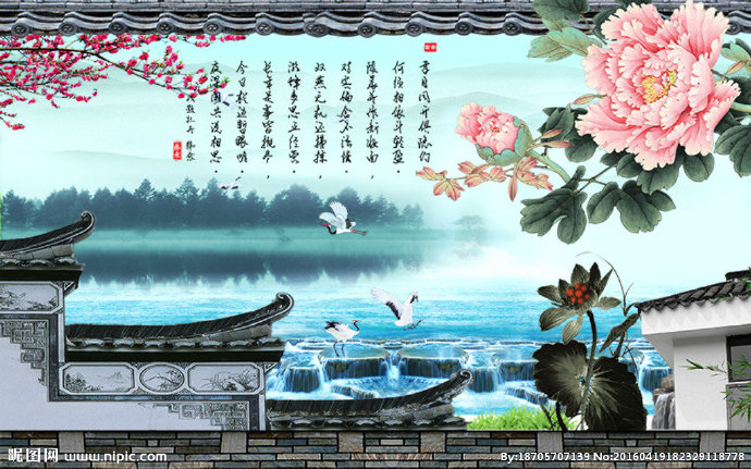 G山水牡丹背景墙