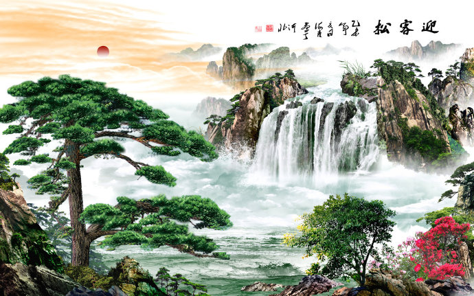 迎客松梅花山水画