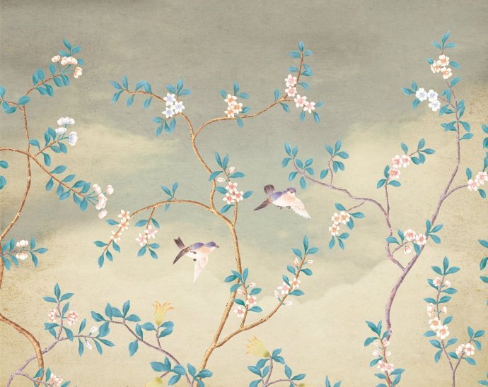 手绘花鸟图飞鸟树