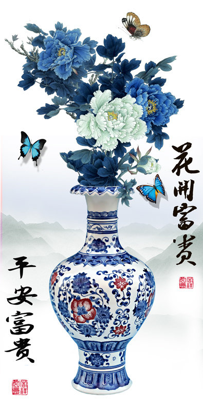 蓝牡丹青花瓷花开
