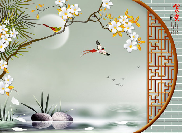 新中式圆门工笔花