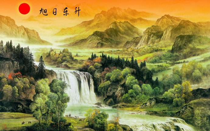油画山水风景电视