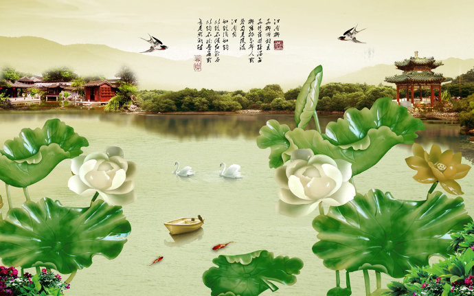 莲花山水画 莲花