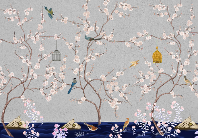 中式花鸟背景墙 