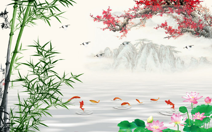 中式梅花竹子九鱼