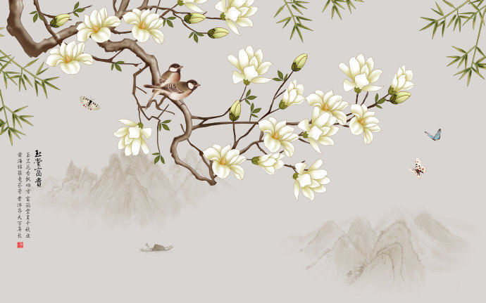 新中式玉兰花鸟背
