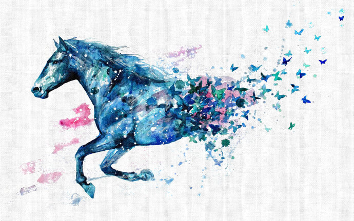 梦幻奔马化蝶水彩