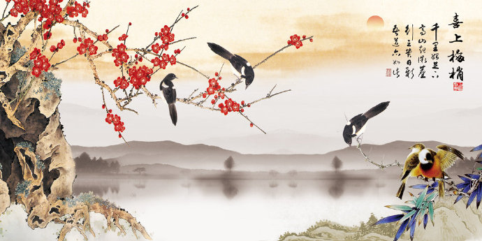 喜上梅梢花鸟图梅